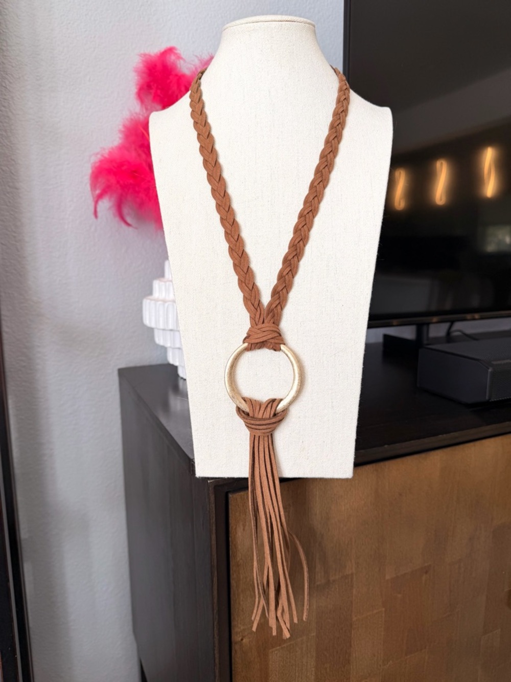 INC International Concepts Braided Tassel Necklace in Brown with Gold Ring - Picture 3 of 5